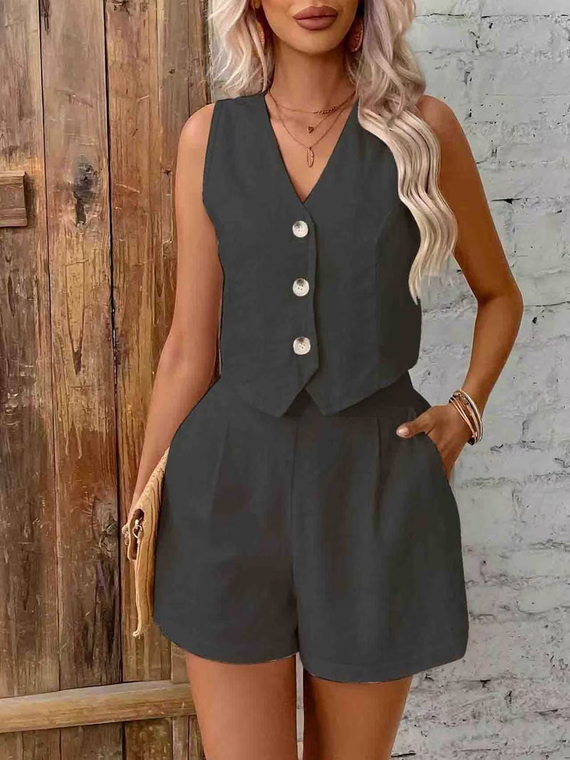 2025 European and American Spring Fashion Solid Color Outer Button Short Casual Two-piece Vest Slimming Dark gray - Image 1