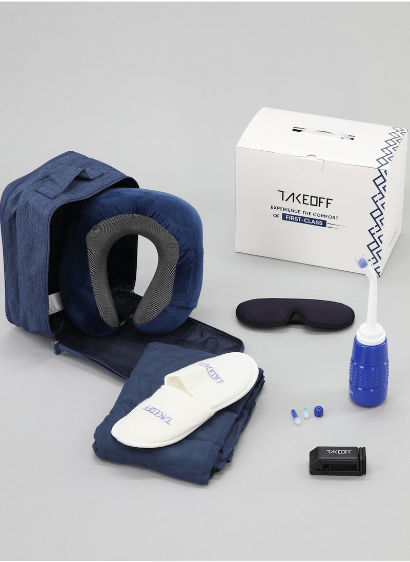 TAKEOFF - travel bag is your ultimate travel companion, equipped with a variety of tools to ensure a comfortable and enjoyable journey. Whether you want to watch a movie on your phone or tablet, or get some sleep, this bag has everything you need, including a device holder, neck pillow, blanket, travel bidet, slippers, eye mask, and earplugs. - Image 1