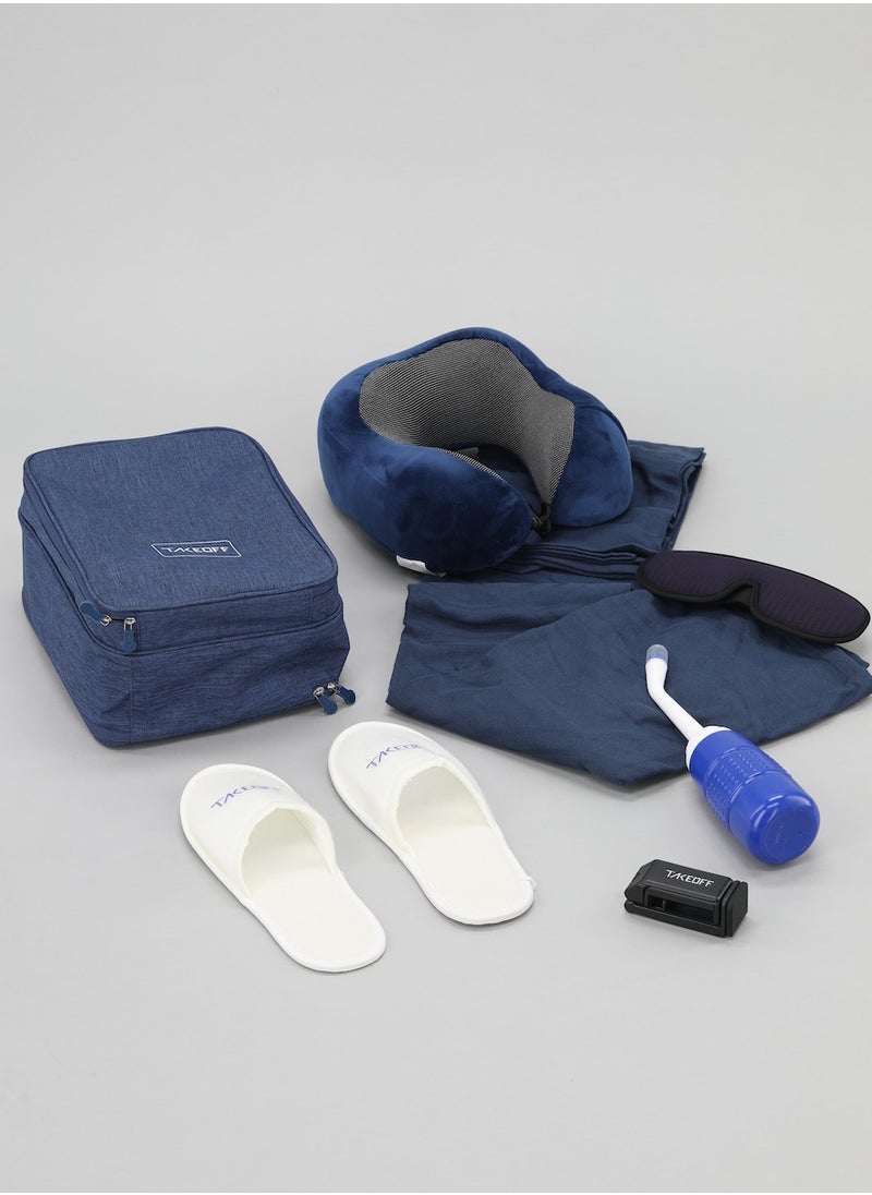 TAKEOFF - travel bag is your ultimate travel companion, equipped with a variety of tools to ensure a comfortable and enjoyable journey. Whether you want to watch a movie on your phone or tablet, or get some sleep, this bag has everything you need, including a device holder, neck pillow, blanket, travel bidet, slippers, eye mask, and earplugs. - Image 1