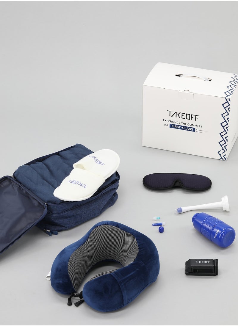 TAKEOFF - travel bag is your ultimate travel companion, equipped with a variety of tools to ensure a comfortable and enjoyable journey. Whether you want to watch a movie on your phone or tablet, or get some sleep, this bag has everything you need, including a device holder, neck pillow, blanket, travel bidet, slippers, eye mask, and earplugs. - Image 1