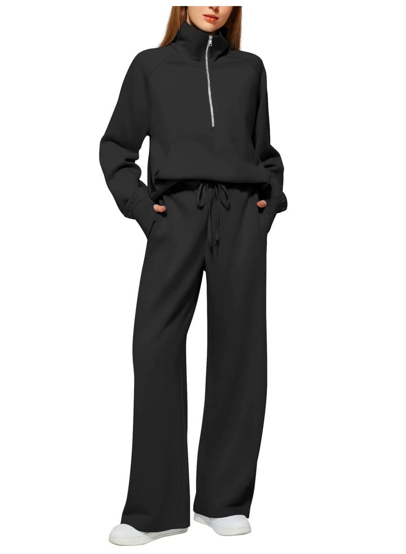 general 2025 - 2026 Women's Two-Piece Ultra-Large Half-Zip Sweatshirt and Wide Leg Sweatpants Casual Set - Image 1