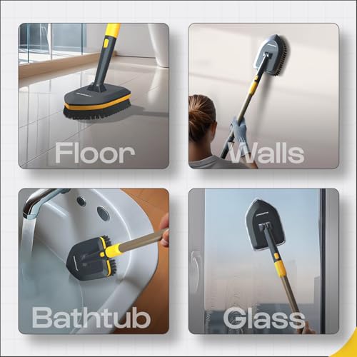 MinuteToCleanIt 4-in-1 Cleaning Set | Long Handle Flexible Duster, Bristles, Microfiber & Scrubber for Tiles, Bathroom, Windows – 58.2” Extendable Pole, Detachable Heads, Yellow - Image 4