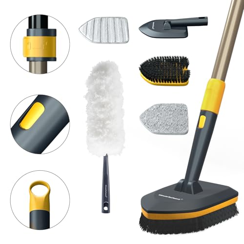 MinuteToCleanIt 4-in-1 Cleaning Set | Long Handle Flexible Duster, Bristles, Microfiber & Scrubber for Tiles, Bathroom, Windows – 58.2” Extendable Pole, Detachable Heads, Yellow - Image 1