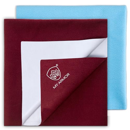 MY ARMOR Baby Dry Sheet for New Born Baby, Anti-Piling Waterproof Mattress Protector for Bed (Quick Drying/Extra Absorbent Dry Sheet for Bed) - Pack of 2 (Large (100cm x 140cm), Maroon & Sky Blue) - Image 1