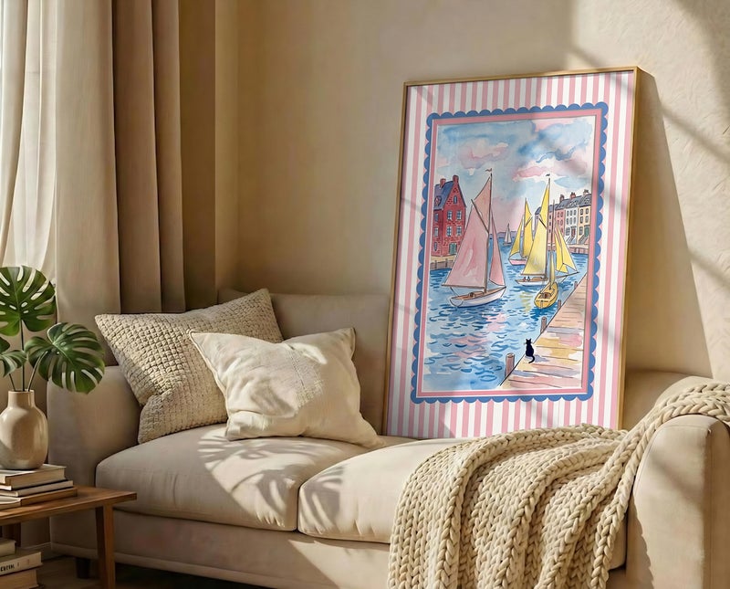 TNESSENTIAL Preppy Coastal Wall Art – Watercolor Harbor Poster, Pink Striped Frame Print, Nautical Cat Canvas, Sailboat Decor, Grandmillennial Art - Image 3