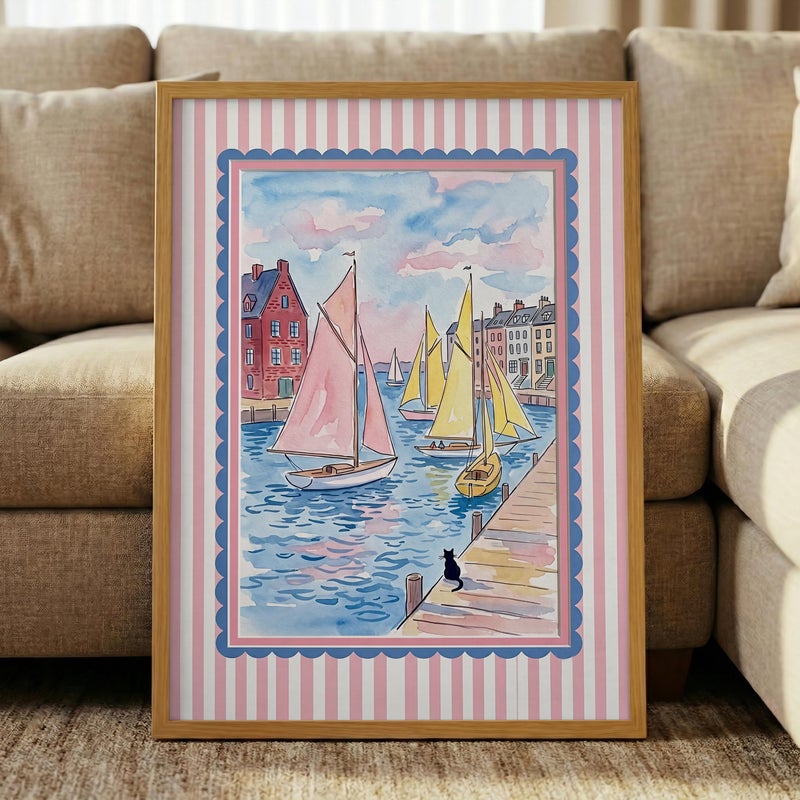 TNESSENTIAL Preppy Coastal Wall Art – Watercolor Harbor Poster, Pink Striped Frame Print, Nautical Cat Canvas, Sailboat Decor, Grandmillennial Art - Image 5