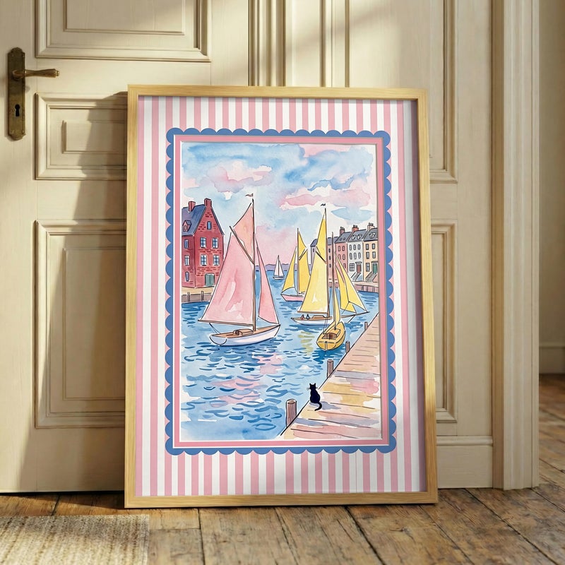 TNESSENTIAL Preppy Coastal Wall Art – Watercolor Harbor Poster, Pink Striped Frame Print, Nautical Cat Canvas, Sailboat Decor, Grandmillennial Art - Image 4