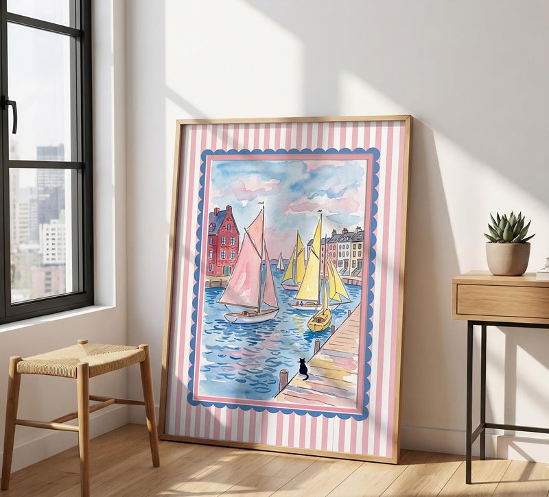 TNESSENTIAL Preppy Coastal Wall Art – Watercolor Harbor Poster, Pink Striped Frame Print, Nautical Cat Canvas, Sailboat Decor, Grandmillennial Art - Image 1