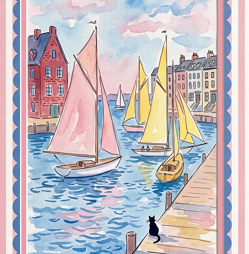 TNESSENTIAL Preppy Coastal Wall Art – Watercolor Harbor Poster, Pink Striped Frame Print, Nautical Cat Canvas, Sailboat Decor, Grandmillennial Art - Image 2