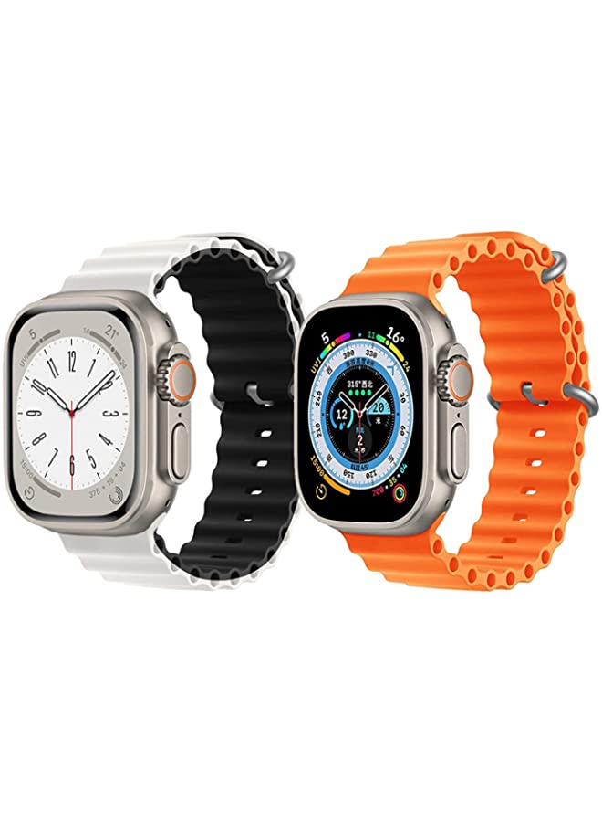 vesus Silicone Ocean Band Strap for Apple Watch Ultra 8 49mm White/Black Double Side Strap with Orange Single Color Strap Set of 2