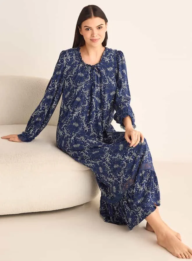 Splash FAV Floral Printed Night Gown with Long Sleeves and Tie-Up Neck