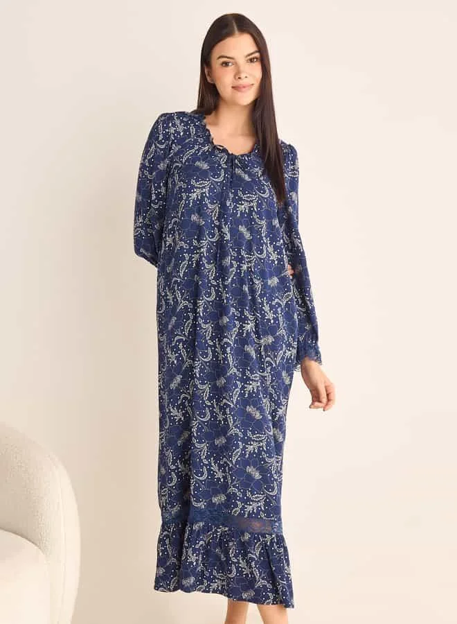 Splash FAV Floral Printed Night Gown with Long Sleeves and Tie-Up Neck