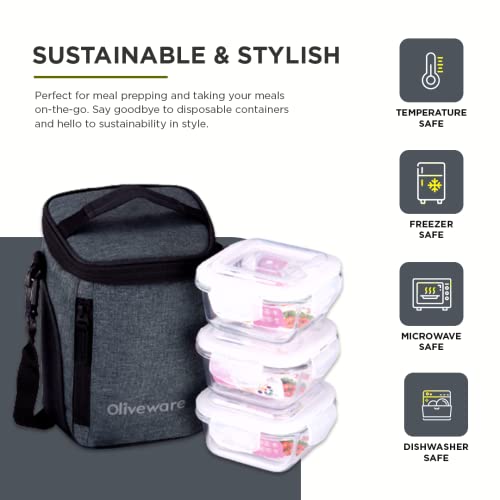 SOPL-OLIVEWARE Ivy Borosilicate Glassware Square Lunchbox, Napkin & Steel Spoon, Microwave Proof, 3 Cointainer with 320ml Each - Grey - Image 4