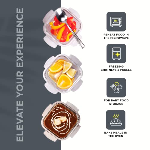 SOPL-OLIVEWARE Ivy Borosilicate Glassware Square Lunchbox, Napkin & Steel Spoon, Microwave Proof, 3 Cointainer with 320ml Each - Grey - Image 3