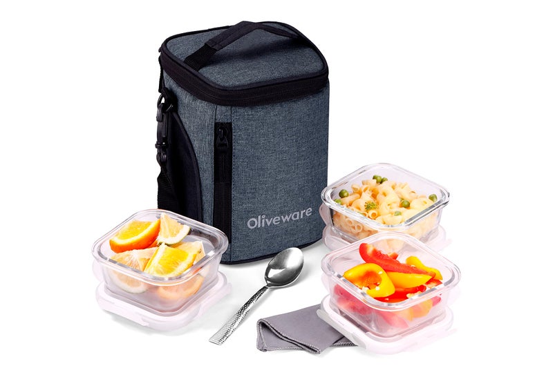 SOPL-OLIVEWARE Ivy Borosilicate Glassware Square Lunchbox, Napkin & Steel Spoon, Microwave Proof, 3 Cointainer with 320ml Each - Grey - Image 1