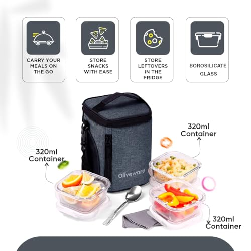 SOPL-OLIVEWARE Ivy Borosilicate Glassware Square Lunchbox, Napkin & Steel Spoon, Microwave Proof, 3 Cointainer with 320ml Each - Grey - Image 2