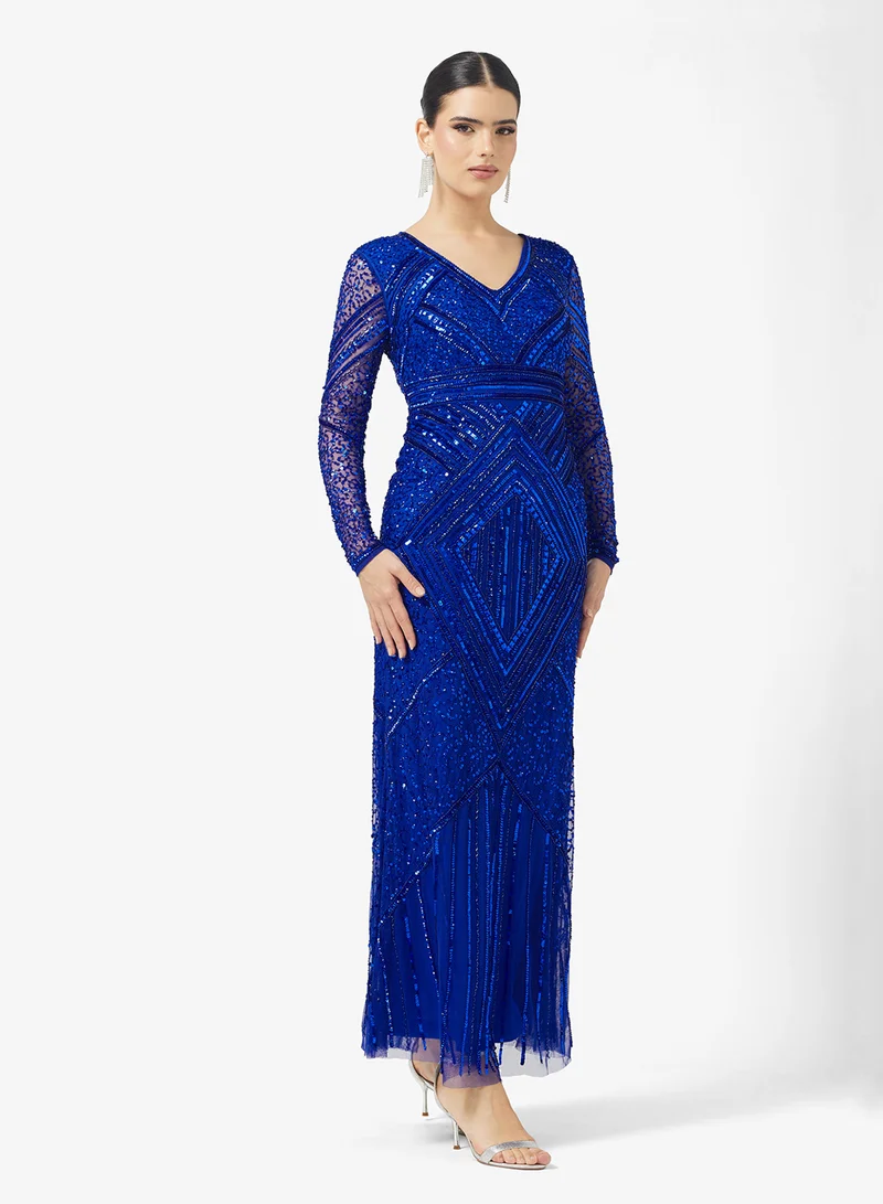 اميليا روز V-Neck Sequin Tiered Maxi Dress