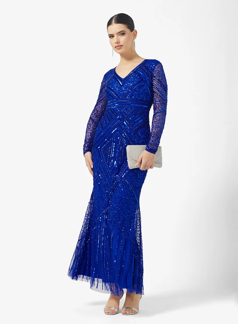 اميليا روز V-Neck Sequin Tiered Maxi Dress