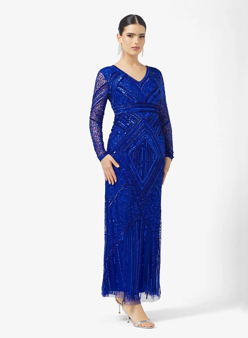 Amelia Rose V-Neck Sequin Tiered Maxi Dress