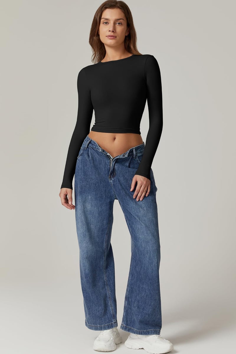 QINSEN Stylish Open Back Crop Top for Womens Long Sleeve High Stretch Bodycon Tee Shirts Black XS - Image 3
