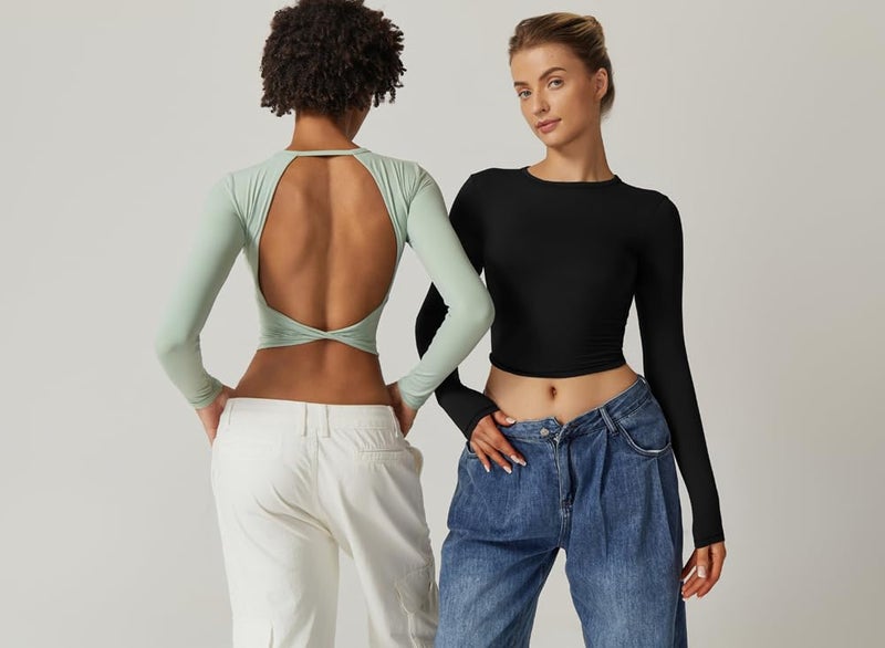 QINSEN Stylish Open Back Crop Top for Womens Long Sleeve High Stretch Bodycon Tee Shirts Black XS - Image 5