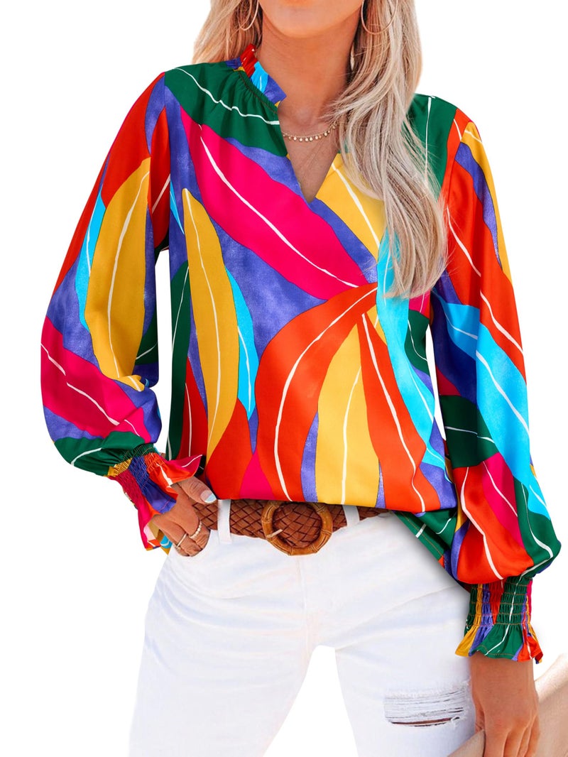 MASCOMODA Womens V Neck Floral Long Sleeve Tops 2026 Summer Casual Loose Puff Sleeve Chiffon Boho Work Blouse Dressy T Shirts(Multicolored,Small) - Image 1