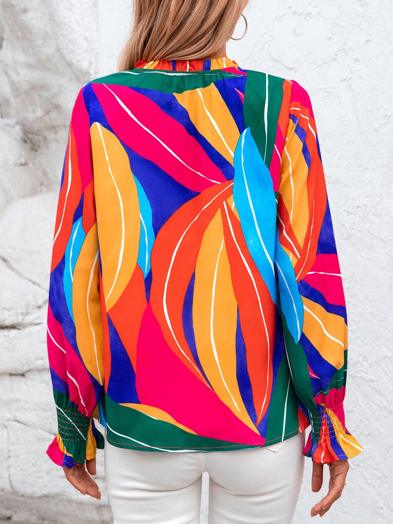 MASCOMODA Womens V Neck Floral Long Sleeve Tops 2026 Summer Casual Loose Puff Sleeve Chiffon Boho Work Blouse Dressy T Shirts(Multicolored,Small) - Image 4