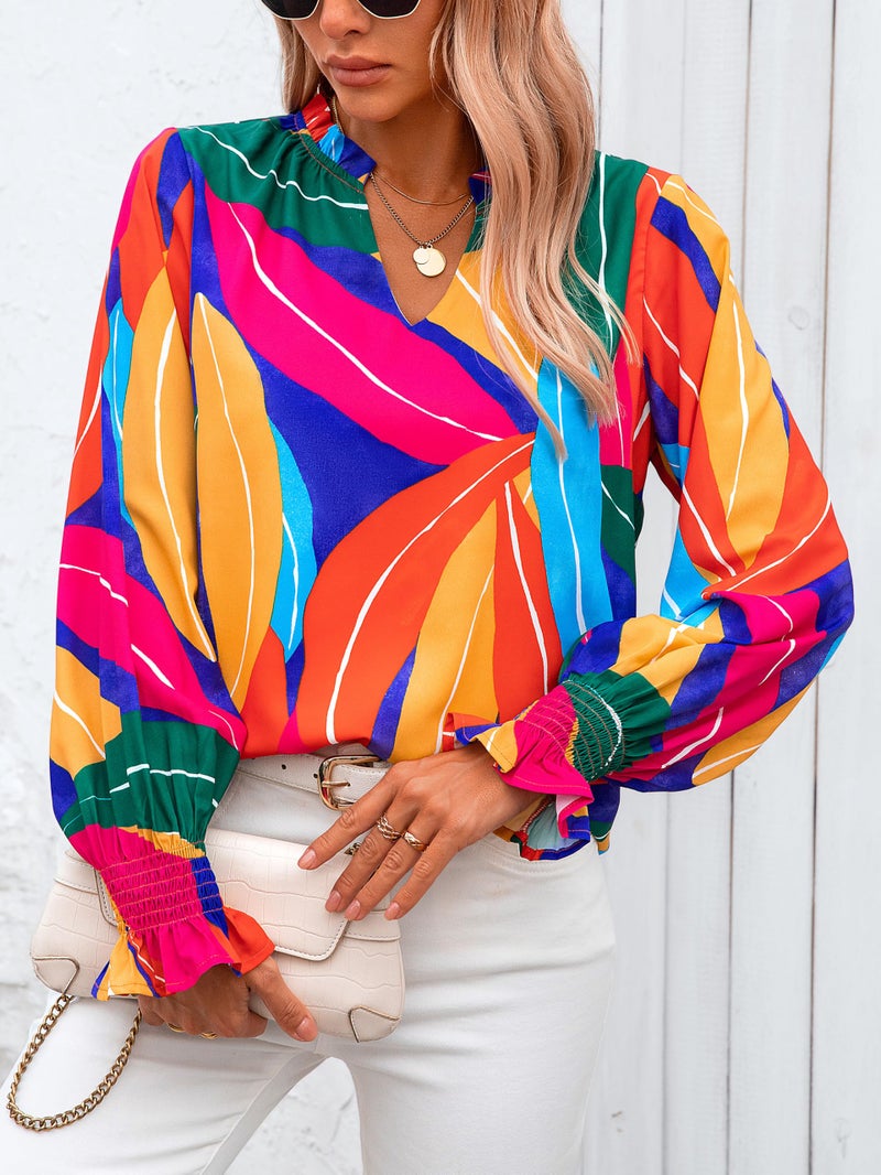 MASCOMODA Womens V Neck Floral Long Sleeve Tops 2026 Summer Casual Loose Puff Sleeve Chiffon Boho Work Blouse Dressy T Shirts(Multicolored,Small) - Image 3