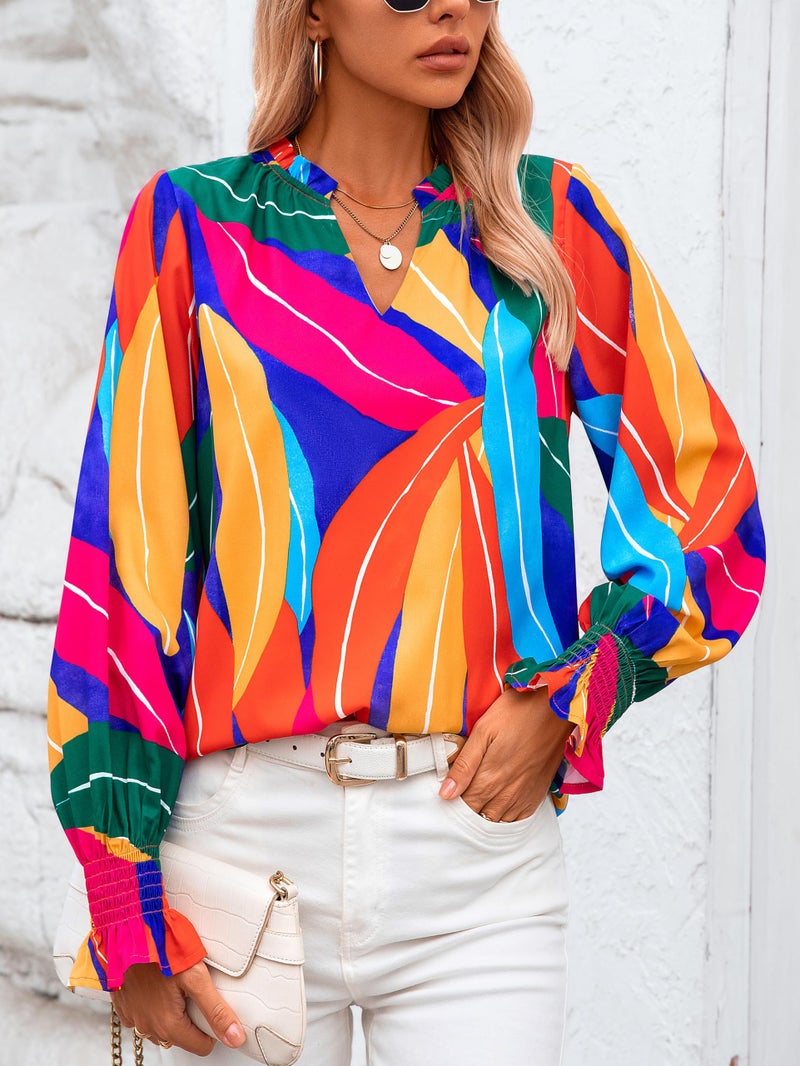 MASCOMODA Womens V Neck Floral Long Sleeve Tops 2026 Summer Casual Loose Puff Sleeve Chiffon Boho Work Blouse Dressy T Shirts(Multicolored,Small) - Image 2