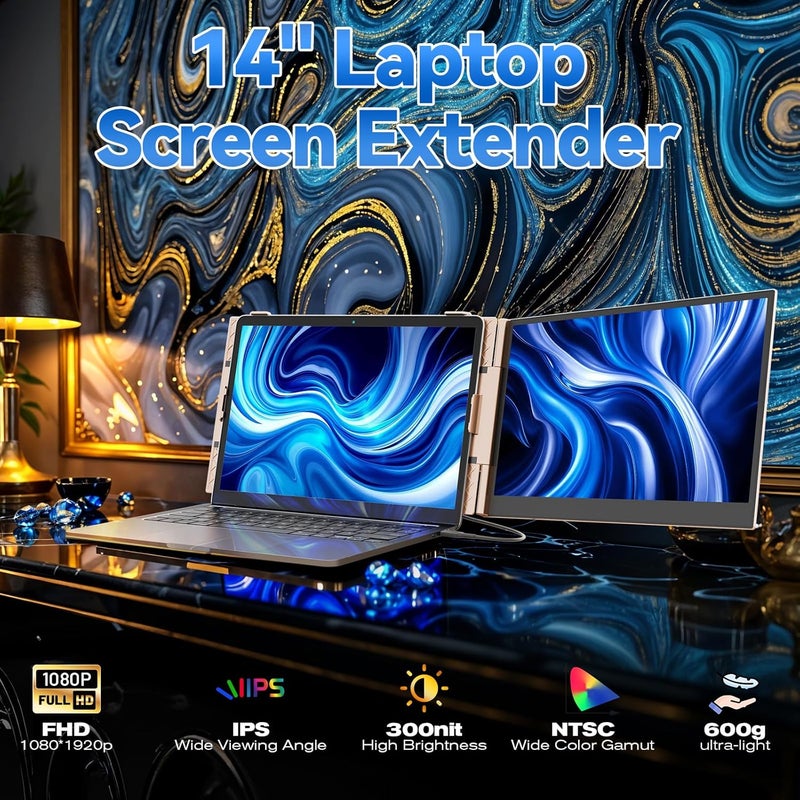 TeamGee 14" Laptop Screen Extender, Slim & Lightweight Portable Monitor for Laptop, Full HD IPS, 360° Rotating Stand, Detachable, USB-C Plug & Play, RGB Lighting, Rose gold, Thin Bezels - Image 3
