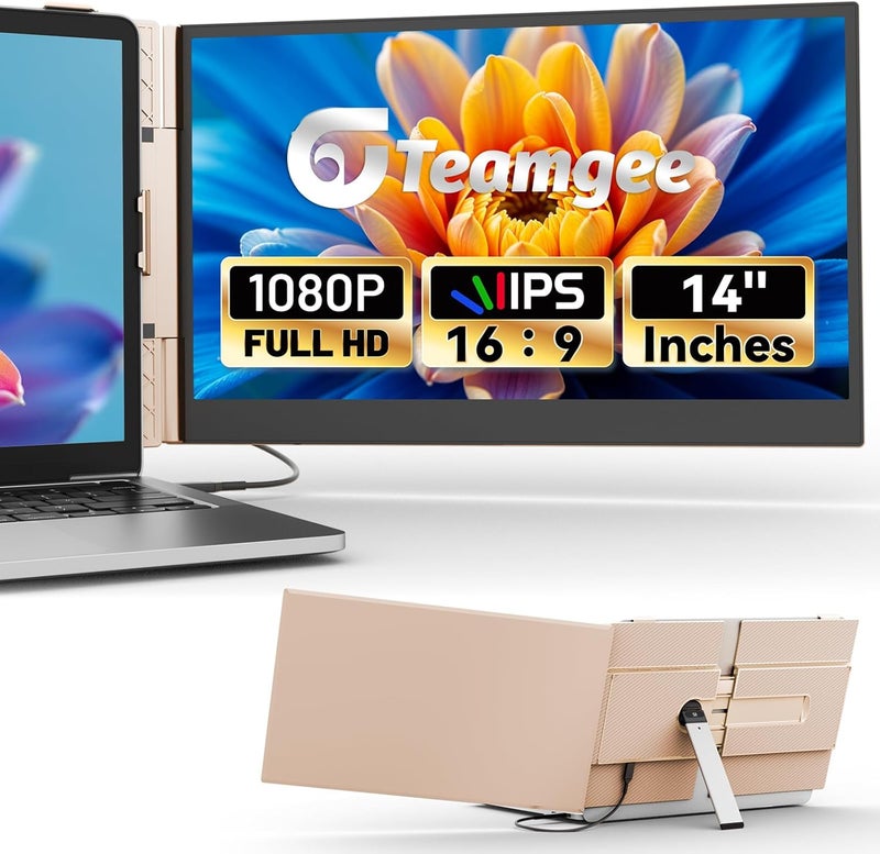 TeamGee 14" Laptop Screen Extender, Slim & Lightweight Portable Monitor for Laptop, Full HD IPS, 360° Rotating Stand, Detachable, USB-C Plug & Play, RGB Lighting, Rose gold, Thin Bezels - Image 1