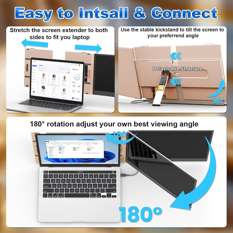 TeamGee 14" Laptop Screen Extender, Slim & Lightweight Portable Monitor for Laptop, Full HD IPS, 360° Rotating Stand, Detachable, USB-C Plug & Play, RGB Lighting, Rose gold, Thin Bezels - Image 4