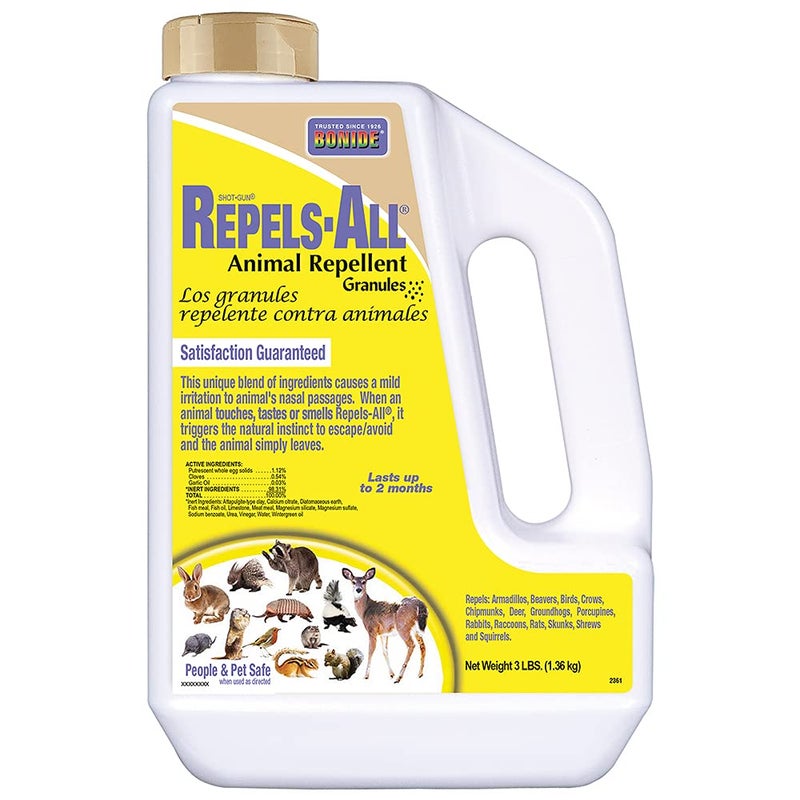 Bonide Repels-All Animal Repellent Granules, 3 lbs. Ready-to-Use Deer & Rabbit Repellent, Deter Pests from Lawn & Garden - Image 1