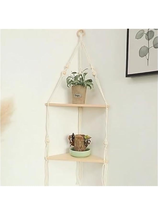 Macrame Wall Hanging Shelf - 2 Tier Plant Shelf Plant Hanger Indoor Floating Shelves, Boho Wood Corner Shelf Wall Mount Plant Holder for Wall Decor, White