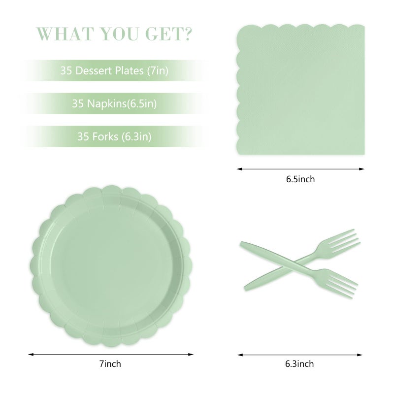 Tyzarglef 105PCS Paper Plates and Napkins Set,7 Inch Scalloped Disposable Tableware with Forks for Birthdays, Garden Parties & Outdoor Events,Serves 35 (Sage Green) - Image 2