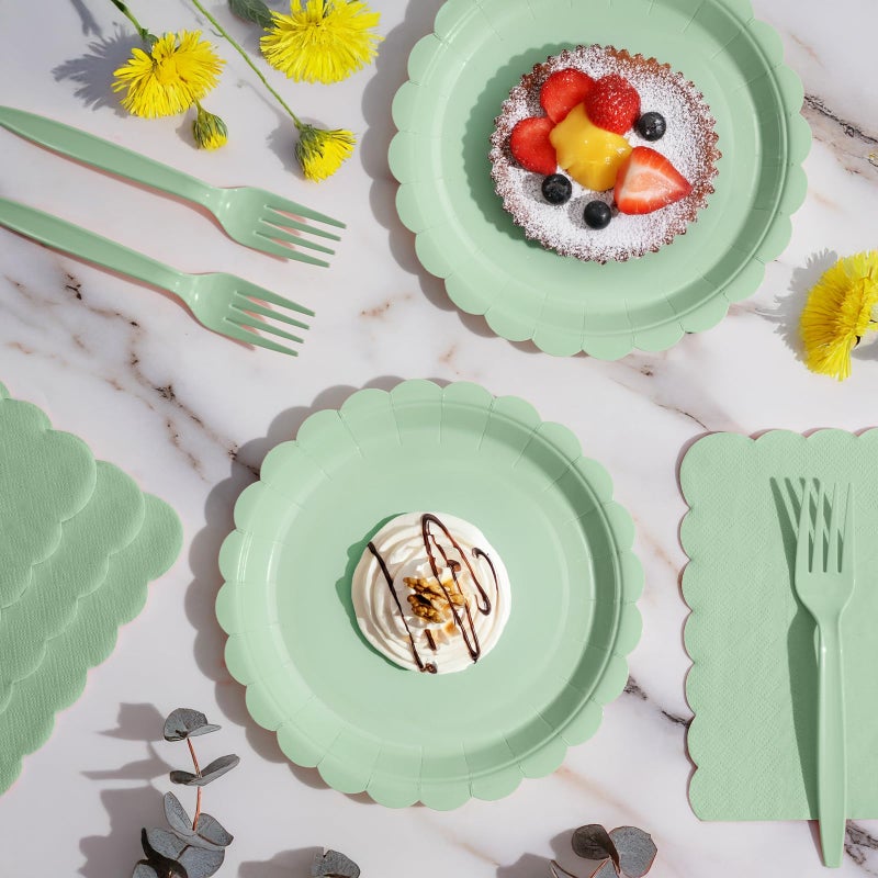 Tyzarglef 105PCS Paper Plates and Napkins Set,7 Inch Scalloped Disposable Tableware with Forks for Birthdays, Garden Parties & Outdoor Events,Serves 35 (Sage Green) - Image 4