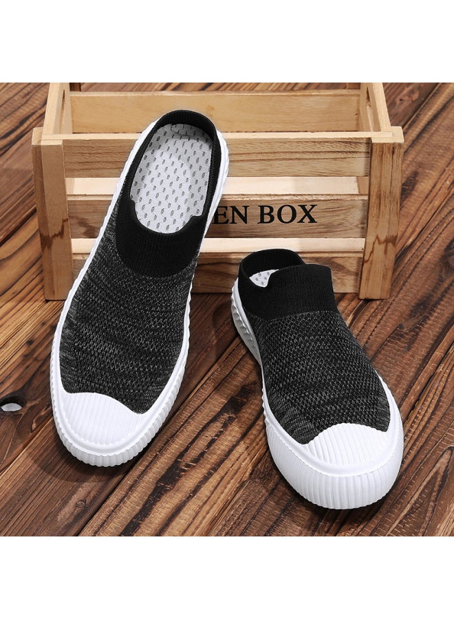 Large Size, No Exercise Required, Versatile Half-slip-on New Walking Shoes, Fly-knit Slip-on Casual Lace-up Shoes