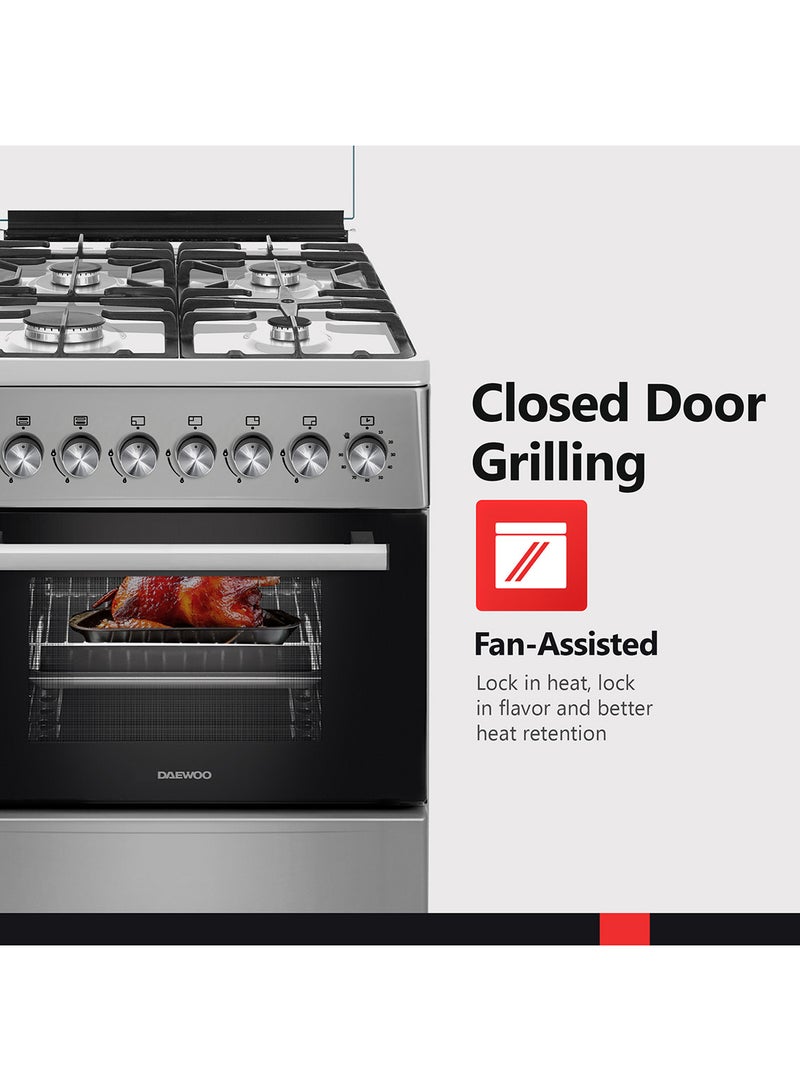 DAEWOO 60X60Cm Freestanding Cooker, Full Gas Cooking Range With 4 Burners, Automatic Ignition And Safety, Cast Iron Pan Support, Stainless Steel Finish, Separate Knob For Oven Grill, Made In Türkiye DGC-665BSF Grey/Black - Image 4