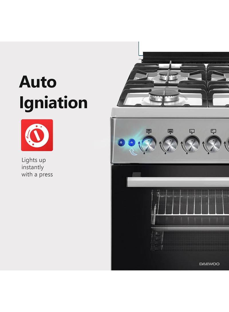 DAEWOO 60X60Cm Freestanding Cooker, Full Gas Cooking Range With 4 Burners, Automatic Ignition And Safety, Cast Iron Pan Support, Stainless Steel Finish, Separate Knob For Oven Grill, Made In Türkiye DGC-665BSF Grey/Black - Image 3