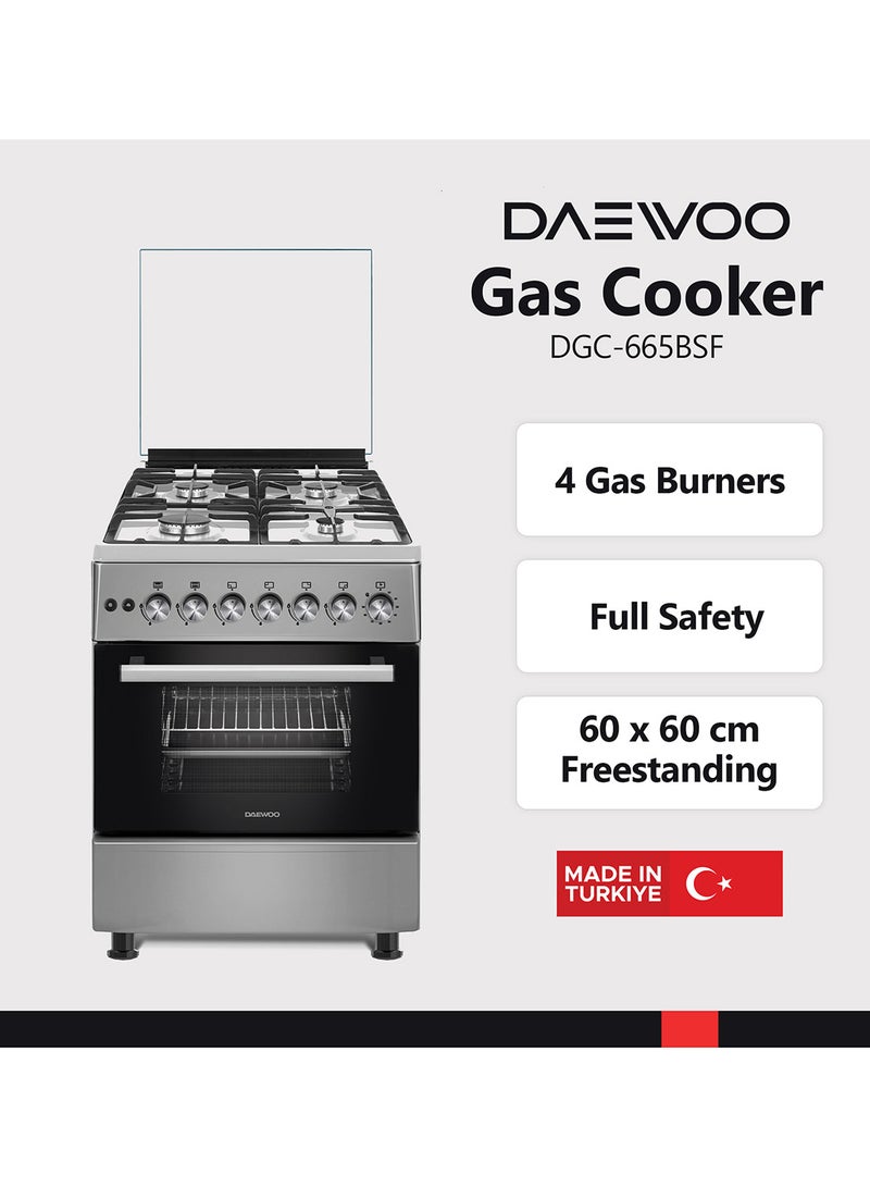 DAEWOO 60X60Cm Freestanding Cooker, Full Gas Cooking Range With 4 Burners, Automatic Ignition And Safety, Cast Iron Pan Support, Stainless Steel Finish, Separate Knob For Oven Grill, Made In Türkiye DGC-665BSF Grey/Black - Image 2