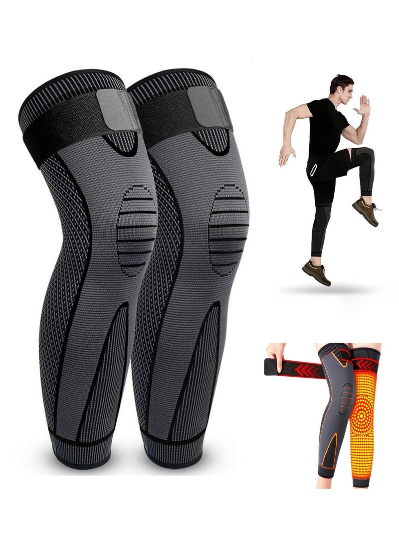 Angola Panda 2 Piece Leg Compression Sleeve Full Leg 2 Piece Long Knee Brace, Adjustable Sports Knee Support for Men/Women, Knee Braces with Elastic Compression Design, All-round Protection Knee Pads, for Men Women Knee Support Protector for Running,Weightlifting, Workout, Joint Pain Relief, Meniscus Tear, Arthritis, Tendinitis  - Image 1