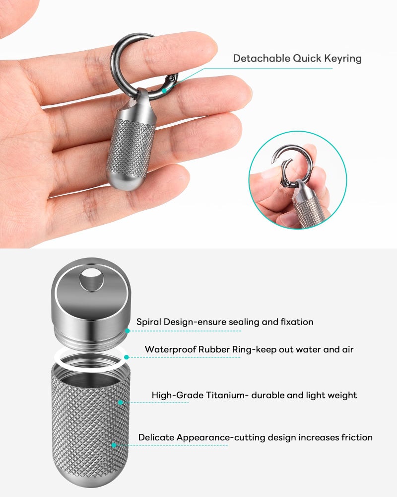 TISUR Titanium Keychain Pill Holder Small Metal Pill Case, Pill Organizer Portable Waterproof Pill Container, Travel Pill Bottle Box for Purse (Small-0.51inch) - Image 3