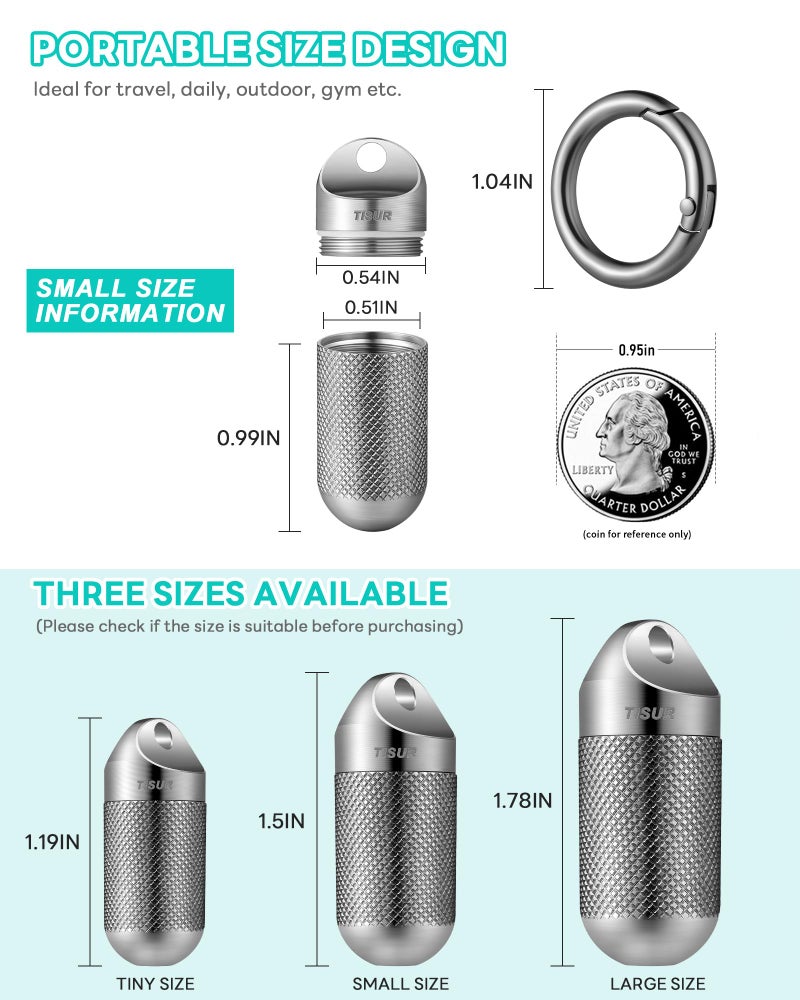 TISUR Titanium Keychain Pill Holder Small Metal Pill Case, Pill Organizer Portable Waterproof Pill Container, Travel Pill Bottle Box for Purse (Small-0.51inch) - Image 2