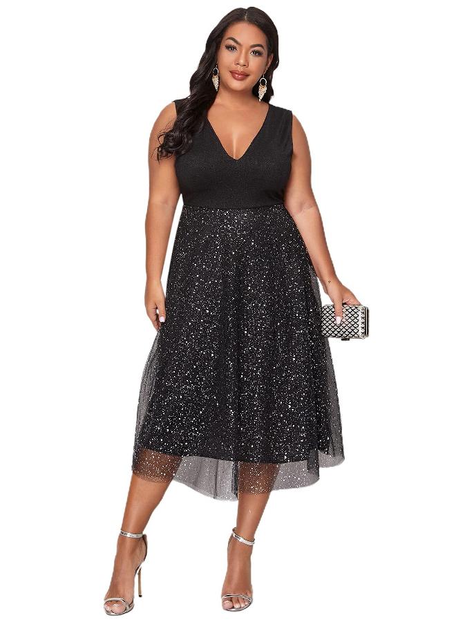 Floerns Floerns Women's Plus Size V Neck Sleeveless Contrast Mesh Evening Midi Dress Black 1XL  - Image 1