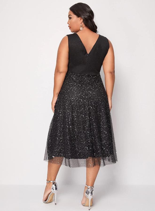 Floerns Floerns Women's Plus Size V Neck Sleeveless Contrast Mesh Evening Midi Dress Black 1XL  - Image 2