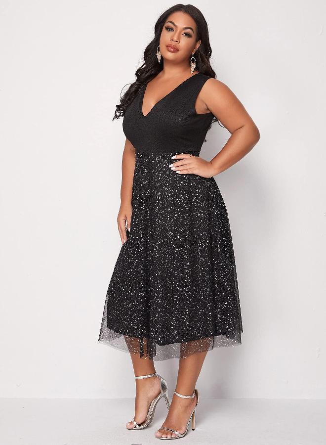 Floerns Floerns Women's Plus Size V Neck Sleeveless Contrast Mesh Evening Midi Dress Black 1XL  - Image 3
