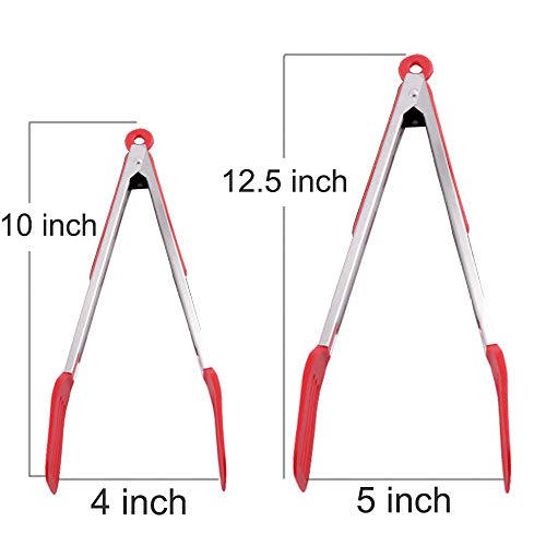 STARUBY Cooking Tongs 9 inches and 12 inches Stainless Steel Kitchen Silicone Serving Tong Heat Resistant Meat Turner Spatula Tong Fish Tongs with Locking Handle Joint (Red) - Image 2
