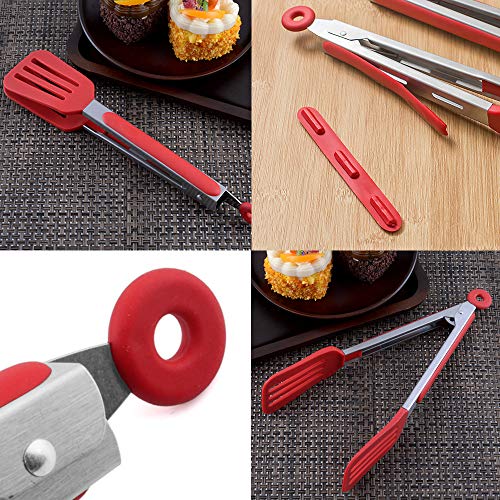 STARUBY Cooking Tongs 9 inches and 12 inches Stainless Steel Kitchen Silicone Serving Tong Heat Resistant Meat Turner Spatula Tong Fish Tongs with Locking Handle Joint (Red) - Image 5