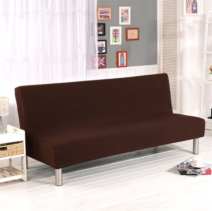 SOLID COLOUR ARMLESS SOFA BED COVER POLYESTER SPANDEX STRETCH FUTON SLIPCOVER 3 SEATER ELASTIC FULL FOLDING COUCH SOFA COVER FITS FOLDING SOFA BED WITHOUT ARMRESTS 80 X 50 IN COFFEE