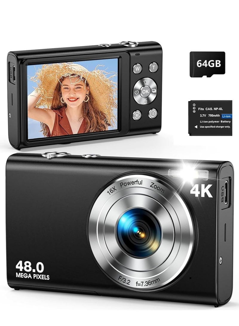 Makrystorm Digital Camera, Autofocus UHD 4K Vlogging Camera with 64GB Card, 48MP 16X Digital Zoom Digital Camera - Image 1